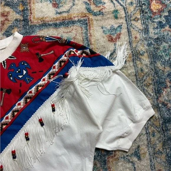 Vintage Aboriginal Tassel Short Sleeve Light Sweatshirt Medium - Picture 5 of 5